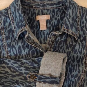 Chico's Teal Leopard Print Denim Top